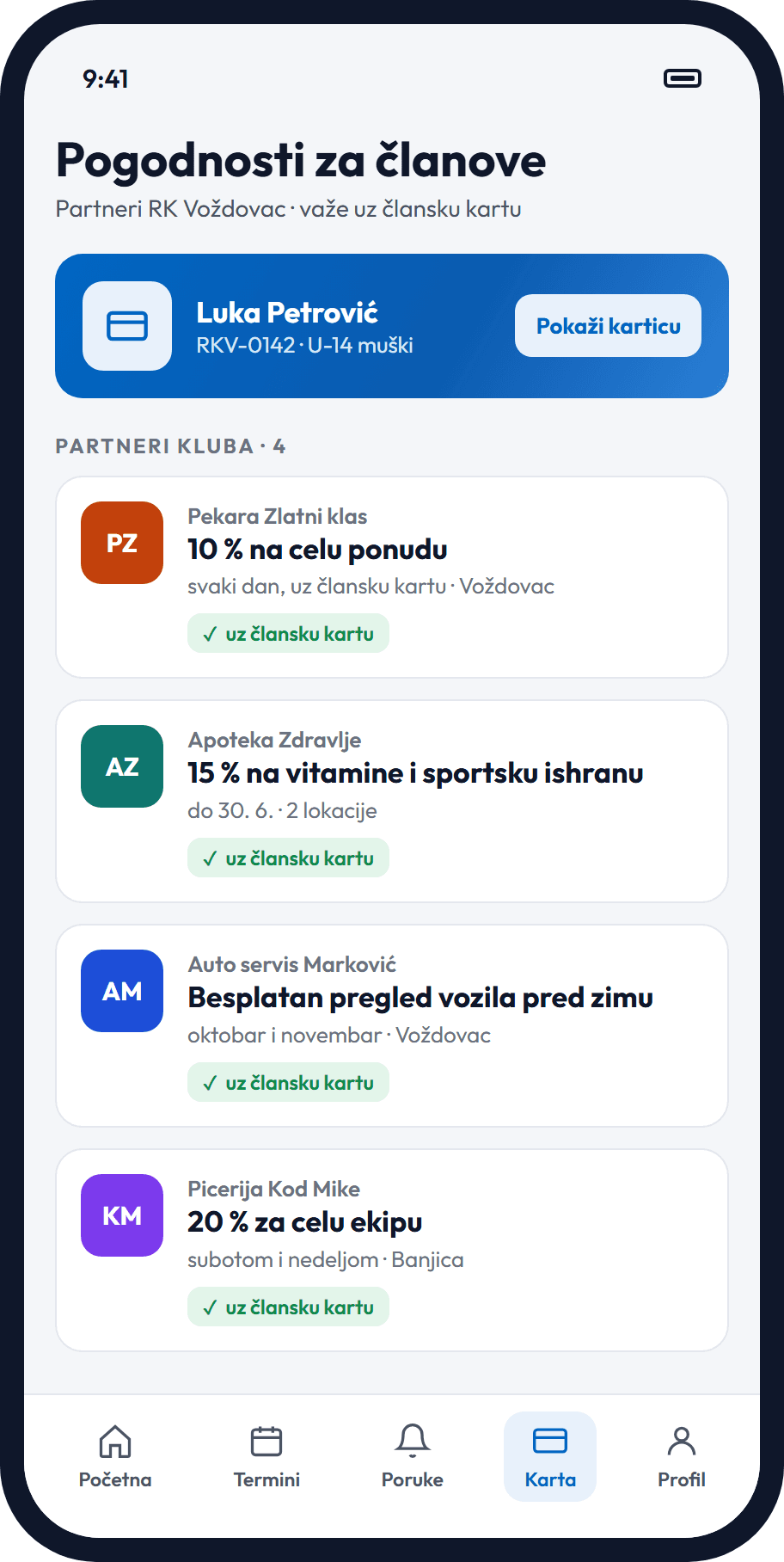 Članska karta sa pogodnostima kod lokalnih partnera kluba, na telefonu
