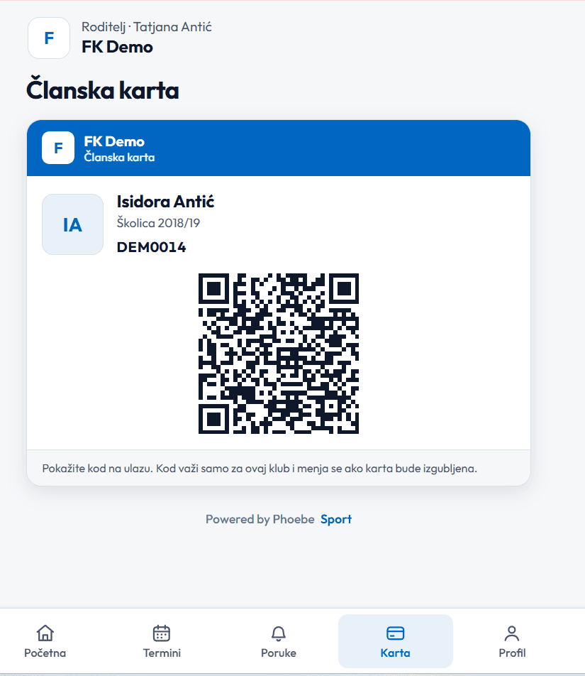 Digitalna članska karta sa QR kodom na telefonu